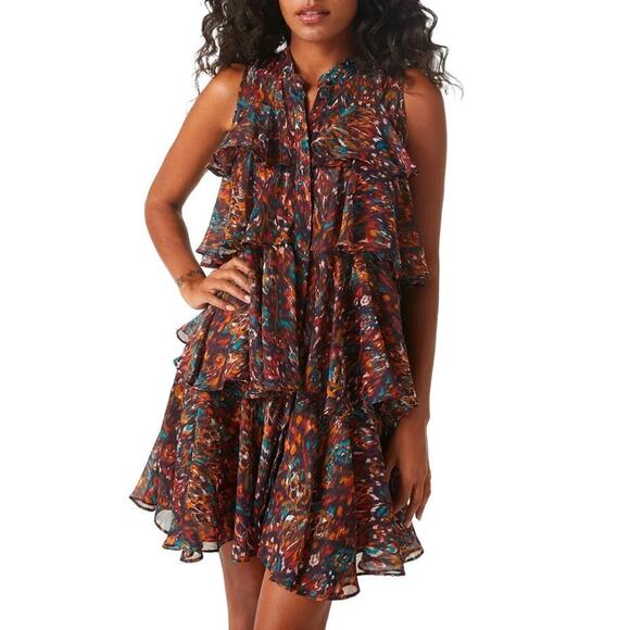 Misa Emogene Dress Sleeveless Ruffle Tiered Mini Peacock Abstract Multi NWT XXS - Picture 1 of 8